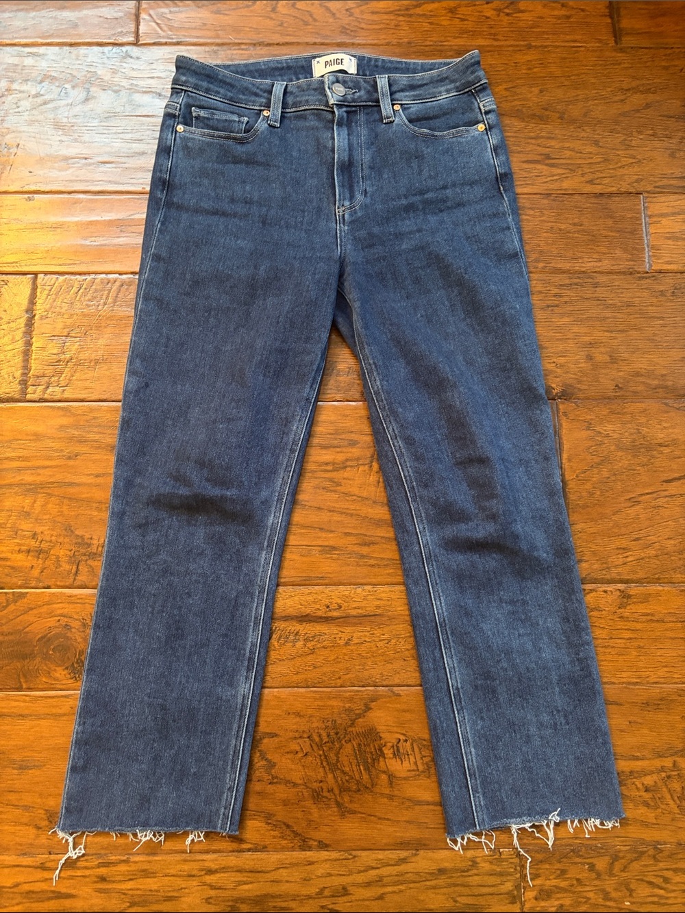 PAIGE Women's Dark Indigo Cropped Raw-Hem Straight Leg Jeans